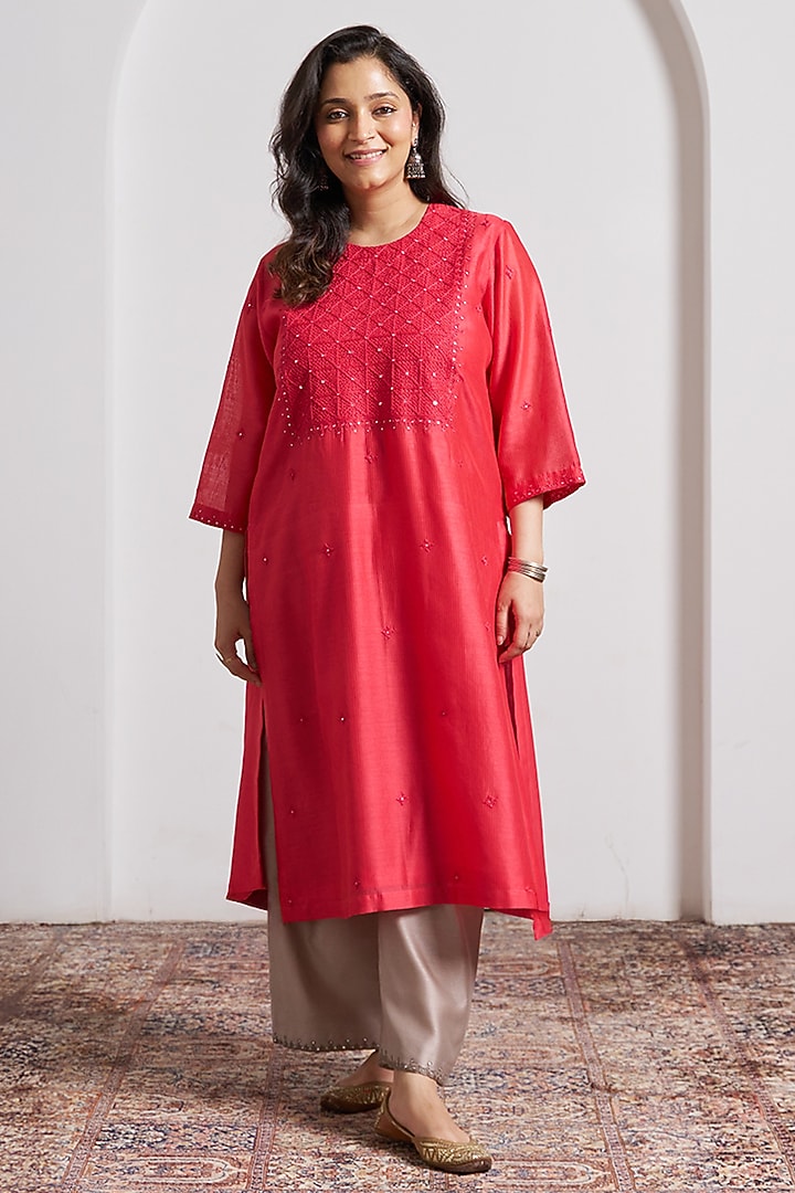 Red Silk Chanderi Handwork Kurta by Vaaya at Pernia's Pop Up Shop