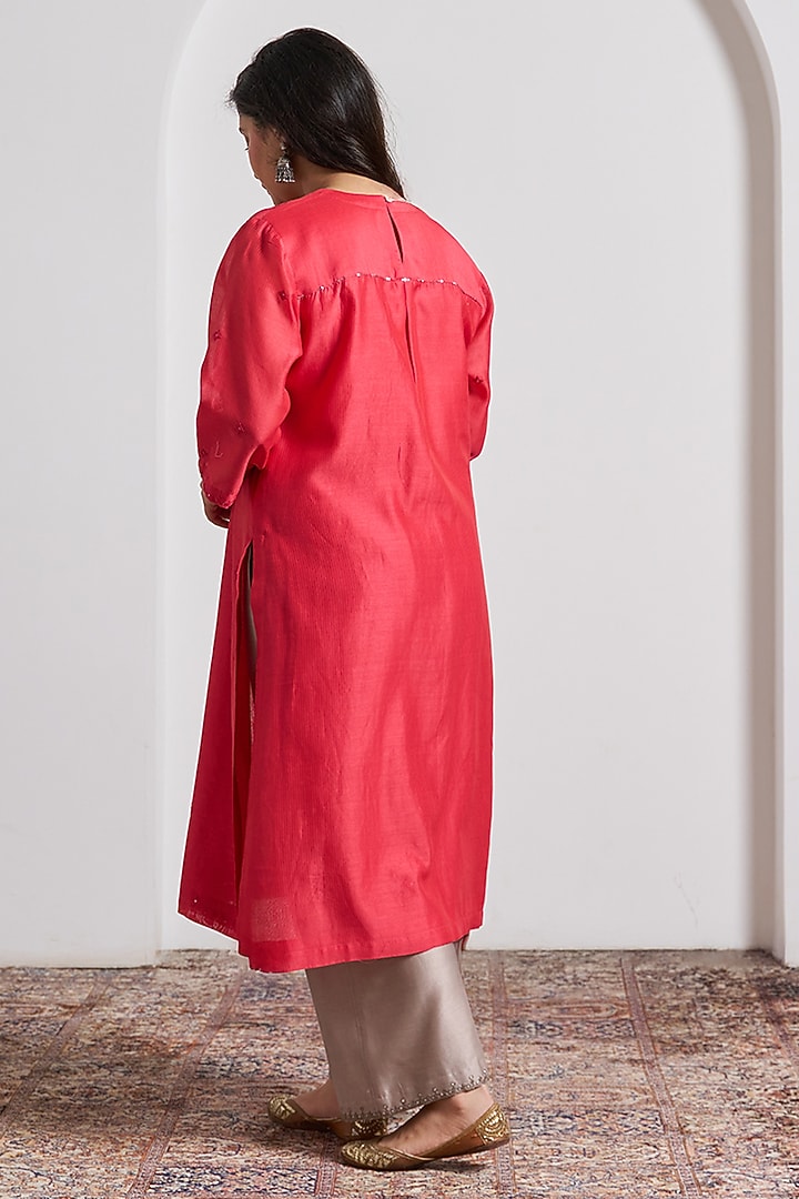 Red Silk Chanderi Handwork Kurta by Vaaya at Pernia's Pop Up Shop