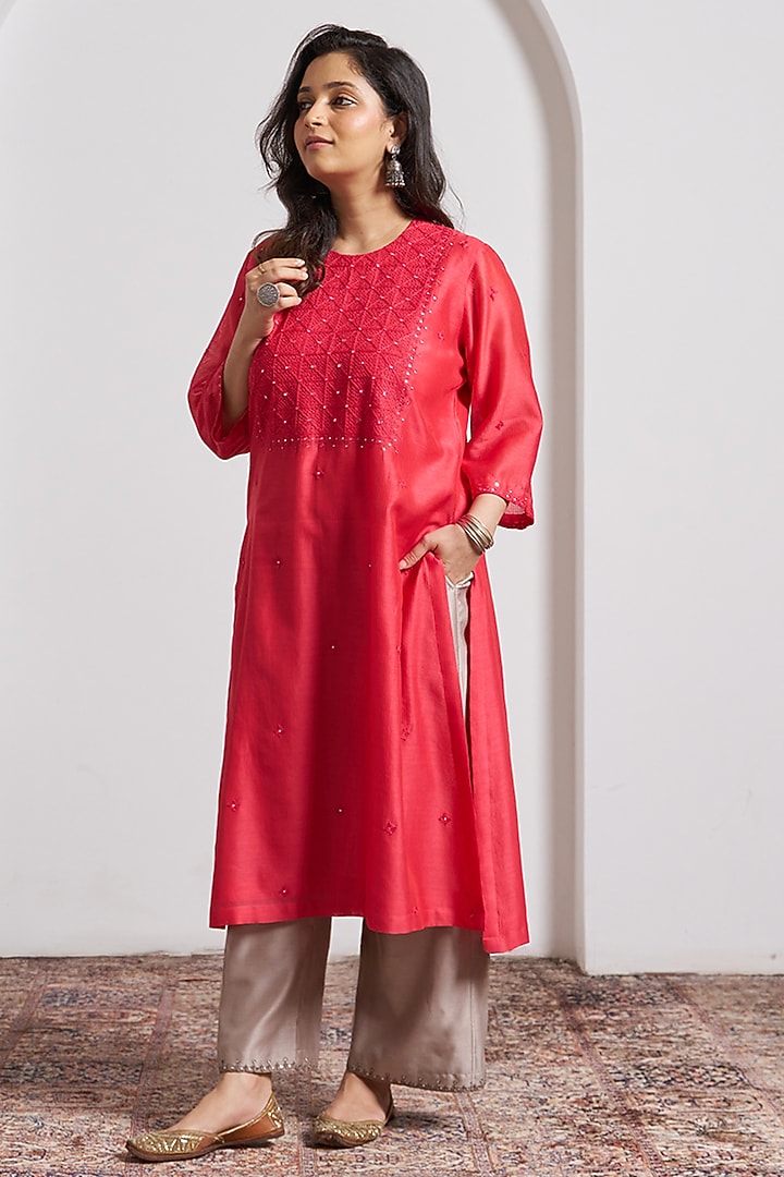 Red Silk Chanderi Handwork Kurta by Vaaya at Pernia's Pop Up Shop