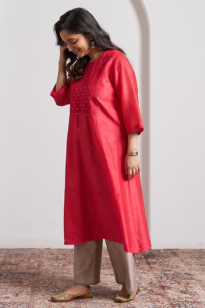Red Silk Chanderi Handwork Kurta by Vaaya at Pernia's Pop Up Shop