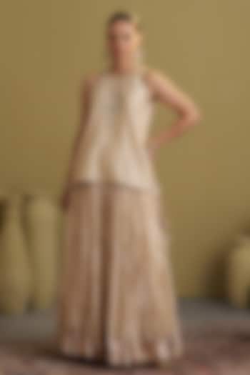 Gold Crushed Silk Tissue Chanderi Wedding Lehenga Set by Vaaya at Pernia's Pop Up Shop