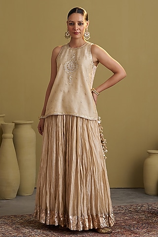 Gold Crushed Silk Tissue Chanderi Lehenga Set by Vaaya
