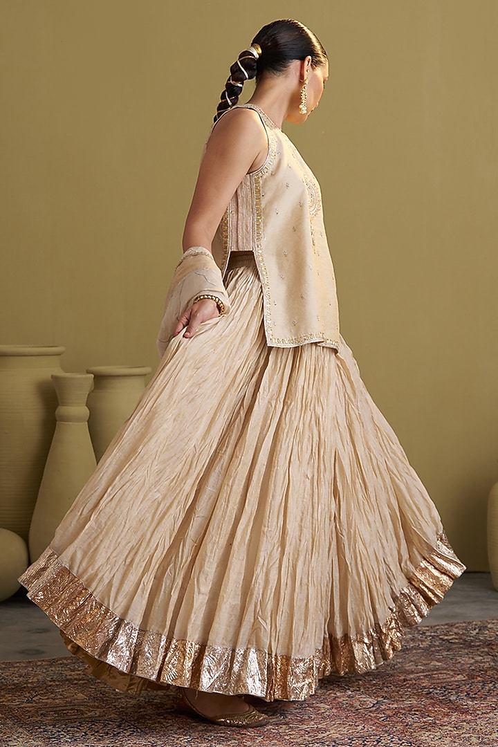 Gold Crushed Silk Tissue Chanderi Wedding Lehenga Set by Vaaya at Pernia's Pop Up Shop