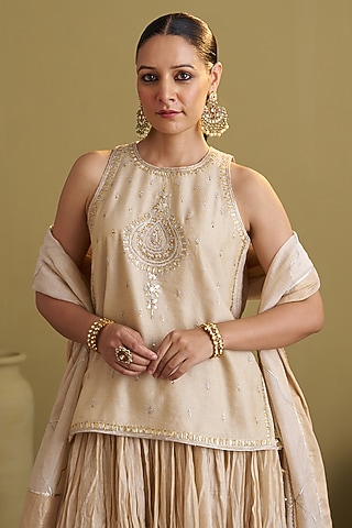 Gold Silk Tissue Chanderi Handwork Top by Vaaya
