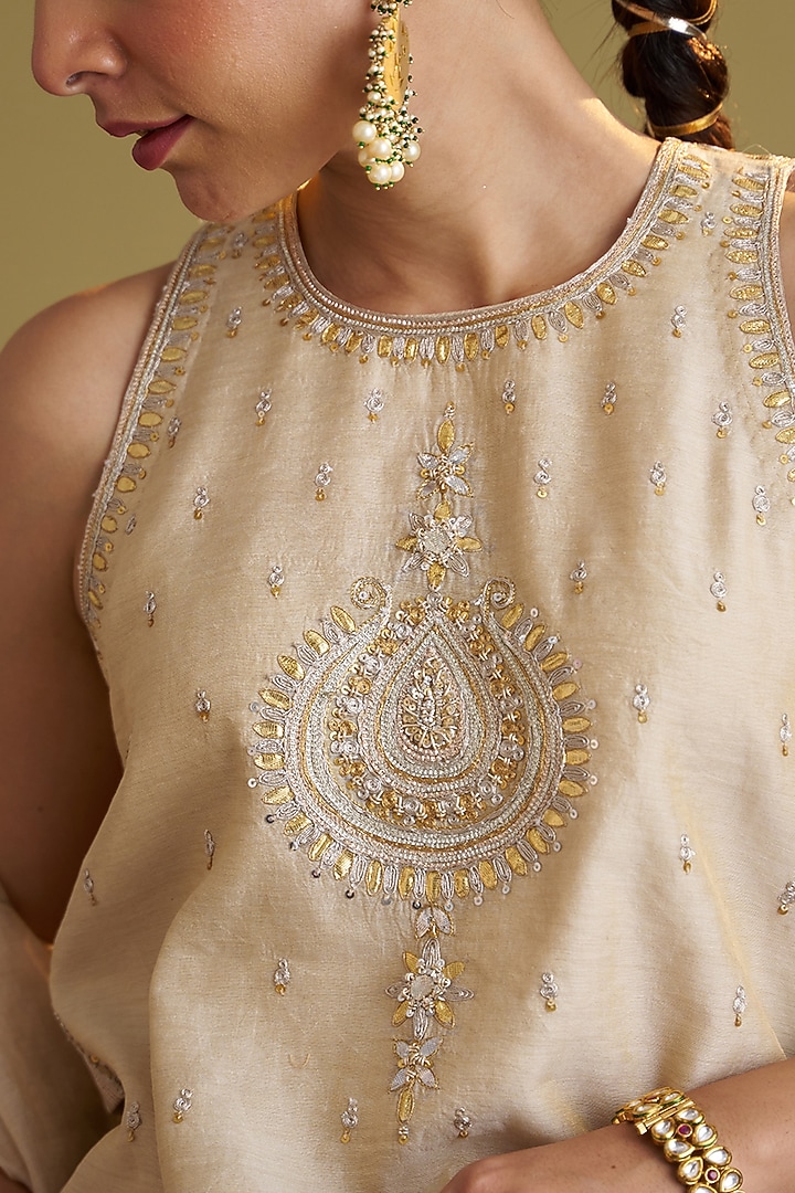 Gold Silk Tissue Chanderi Handwork Top by Vaaya at Pernia's Pop Up Shop