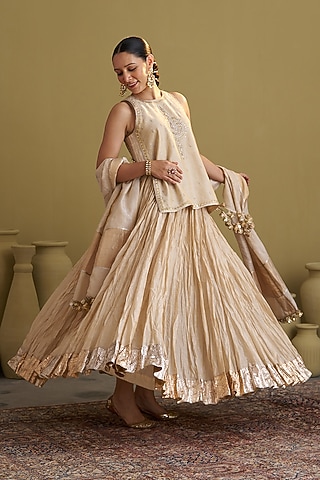Gold Mercerized Silk Tissue Chanderi Gota Work Dupatta by Vaaya