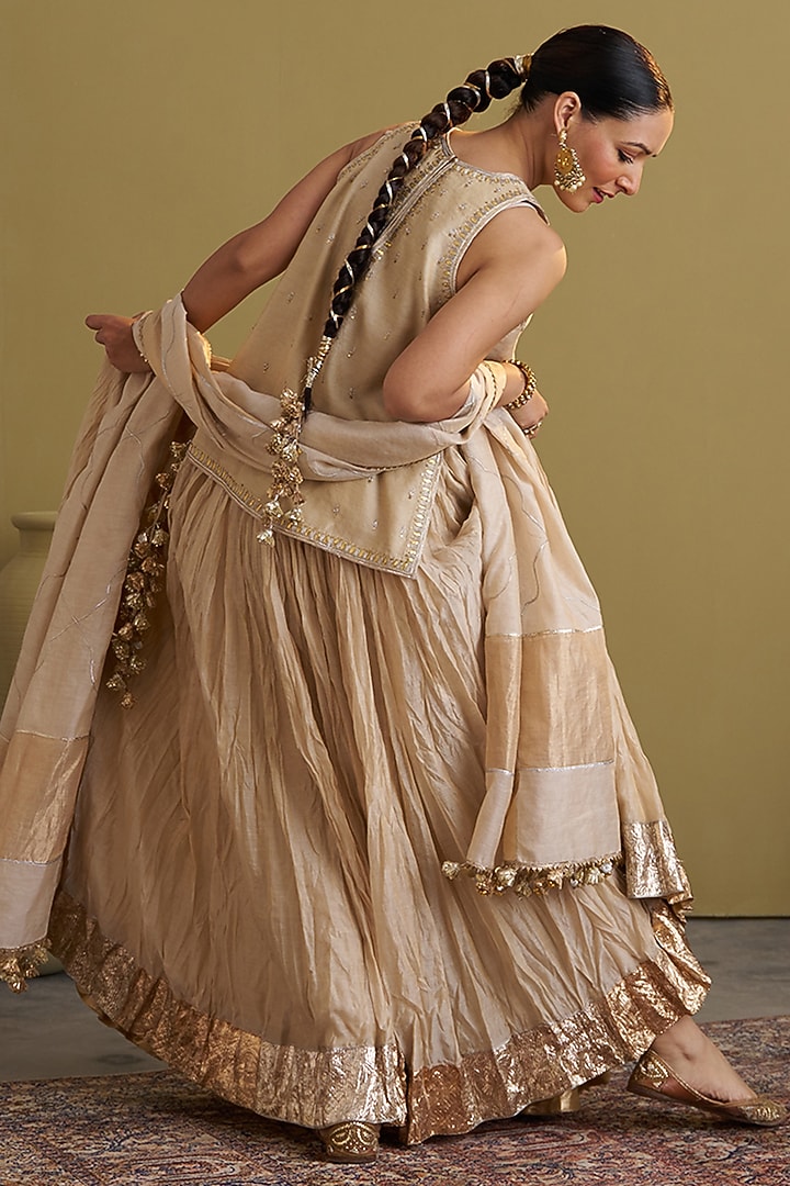 Gold Mercerized Silk Tissue Chanderi Gota Work Dupatta by Vaaya at Pernia's Pop Up Shop