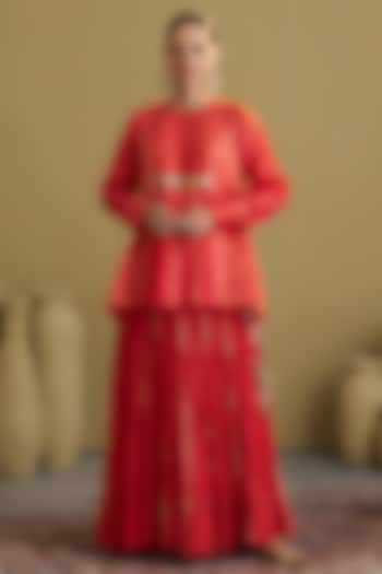 Red Mul Chanderi Handwork Crushed Wedding Lehenga Set by Vaaya at Pernia's Pop Up Shop
