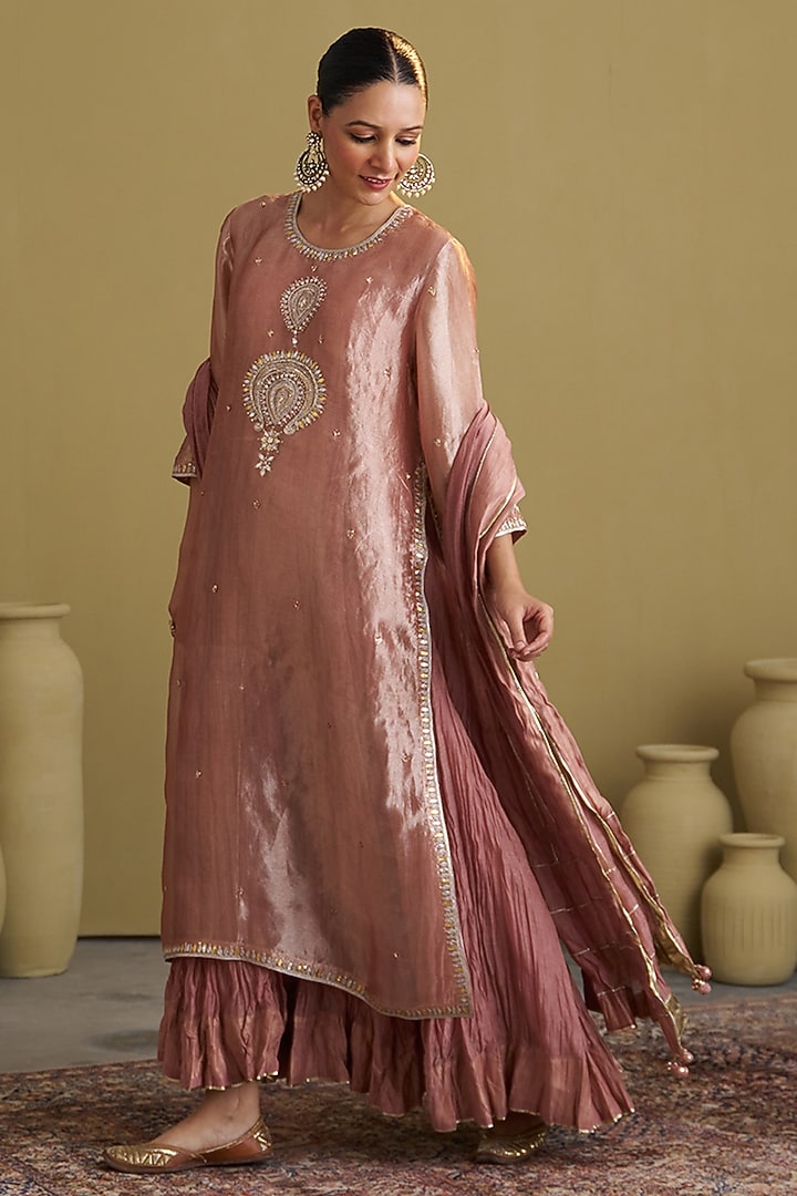Rose Pink Silk Chanderi Handwork Kalidar Kurta by Vaaya at Pernia's Pop Up Shop
