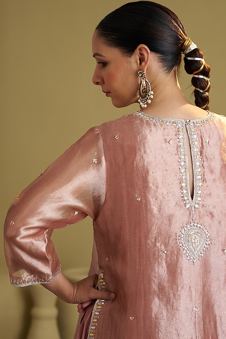 Rose Pink Silk Chanderi Handwork Kalidar Kurta by Vaaya at Pernia's Pop Up Shop