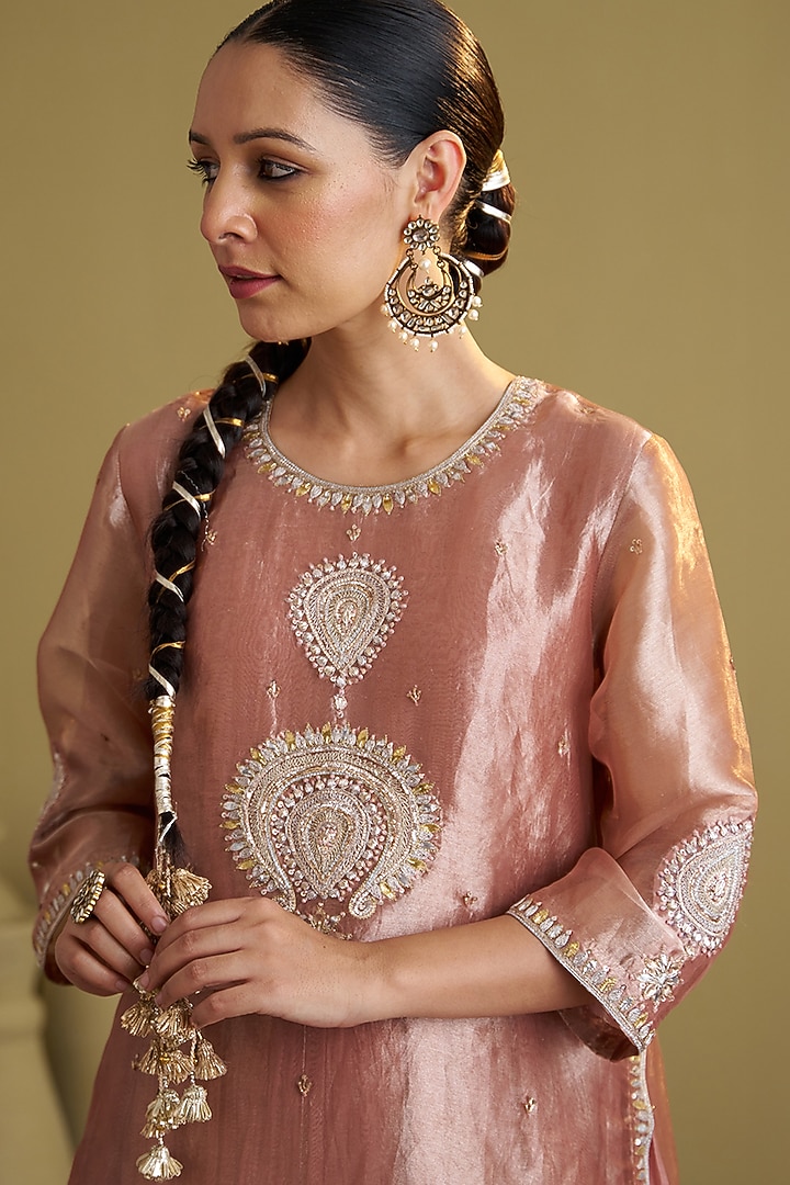 Rose Pink Silk Chanderi Handwork Kalidar Kurta by Vaaya at Pernia's Pop Up Shop