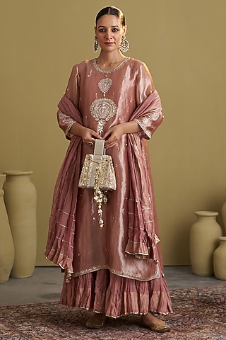 Rose Pink Crushed Silk Chanderi Gota Work Dupatta by Vaaya