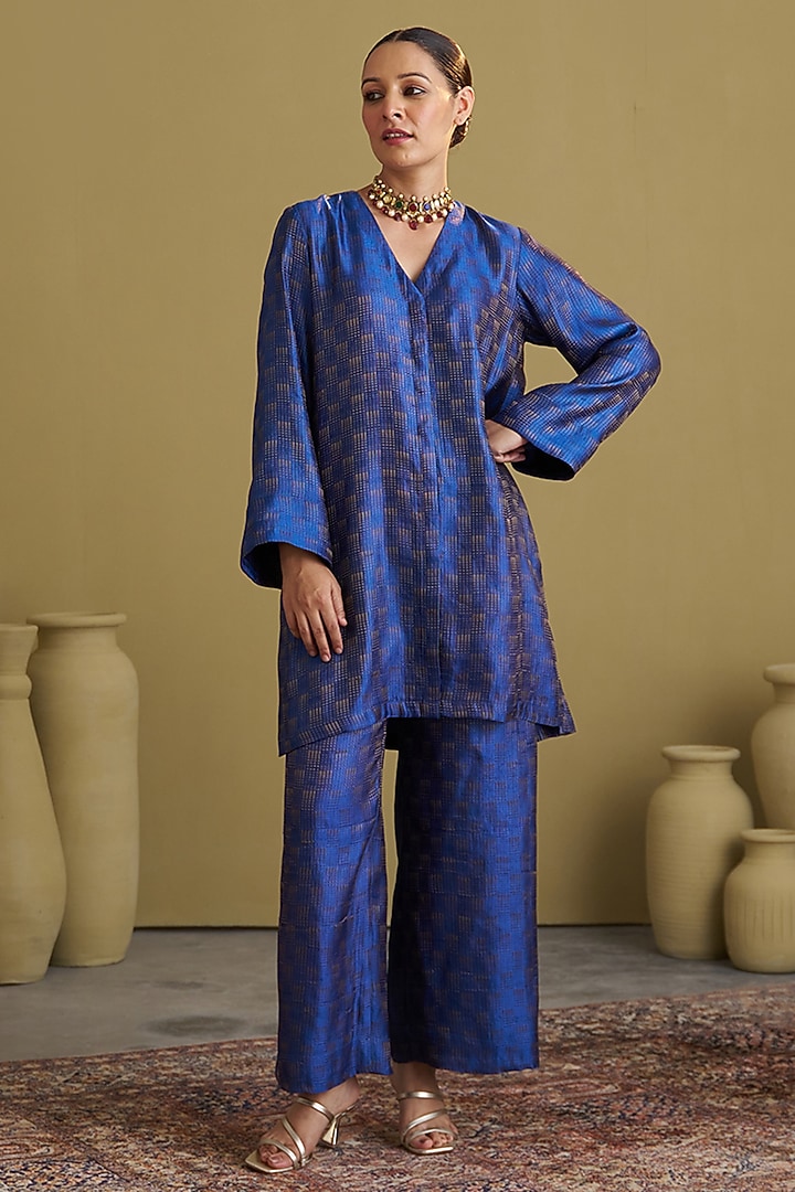 Sapphire Blue Banarasi Silk Brocade Co-Ord Set by Vaaya at Pernia's Pop Up Shop