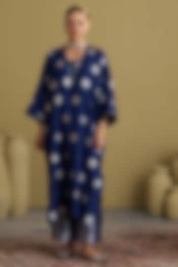 Ink Blue Banarasi Moonga Silk Brocade Kaftan Set by Vaaya at Pernia's Pop Up Shop