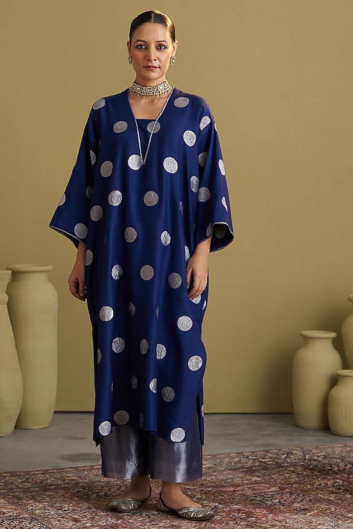 Ink Blue Banarasi Moonga Silk Brocade Kaftan Set by Vaaya at Pernia's Pop Up Shop