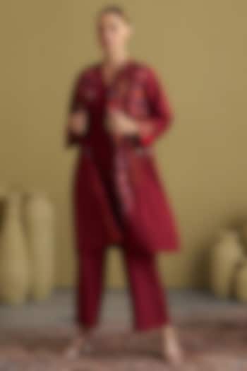 Burgundy Handwoven Silk Cotton Jacket by Vaaya at Pernia's Pop Up Shop