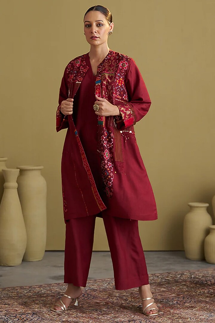 Burgundy Handwoven Silk Cotton Jacket by Vaaya at Pernia's Pop Up Shop