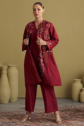 Burgundy Handwoven Silk Cotton Jacket by Vaaya