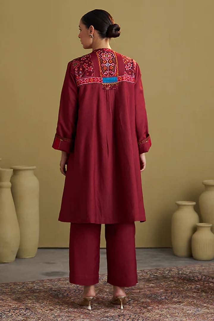 Burgundy Handwoven Silk Cotton Jacket by Vaaya at Pernia's Pop Up Shop