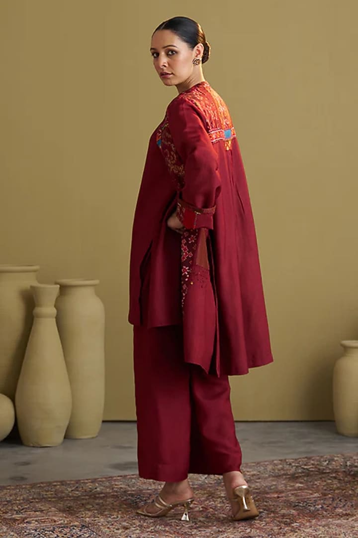 Burgundy Handwoven Silk Cotton Jacket by Vaaya at Pernia's Pop Up Shop