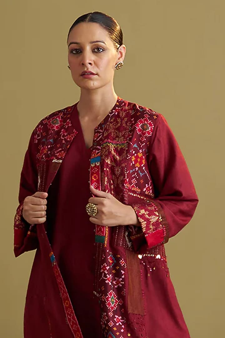 Burgundy Handwoven Silk Cotton Jacket by Vaaya at Pernia's Pop Up Shop