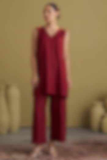 Burgundy Handwoven Silk Cotton Co-Ord Set by Vaaya at Pernia's Pop Up Shop