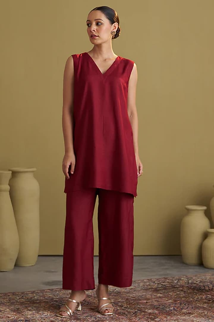 Burgundy Handwoven Silk Cotton Co-Ord Set by Vaaya at Pernia's Pop Up Shop