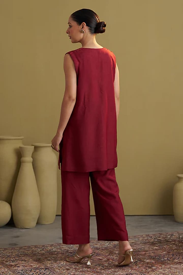Burgundy Handwoven Silk Cotton Co-Ord Set by Vaaya at Pernia's Pop Up Shop