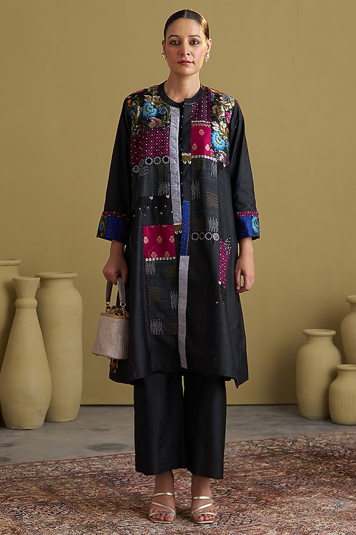 Black Handwoven Silk Cotton Hand Work Jacket by Vaaya at Pernia's Pop Up Shop