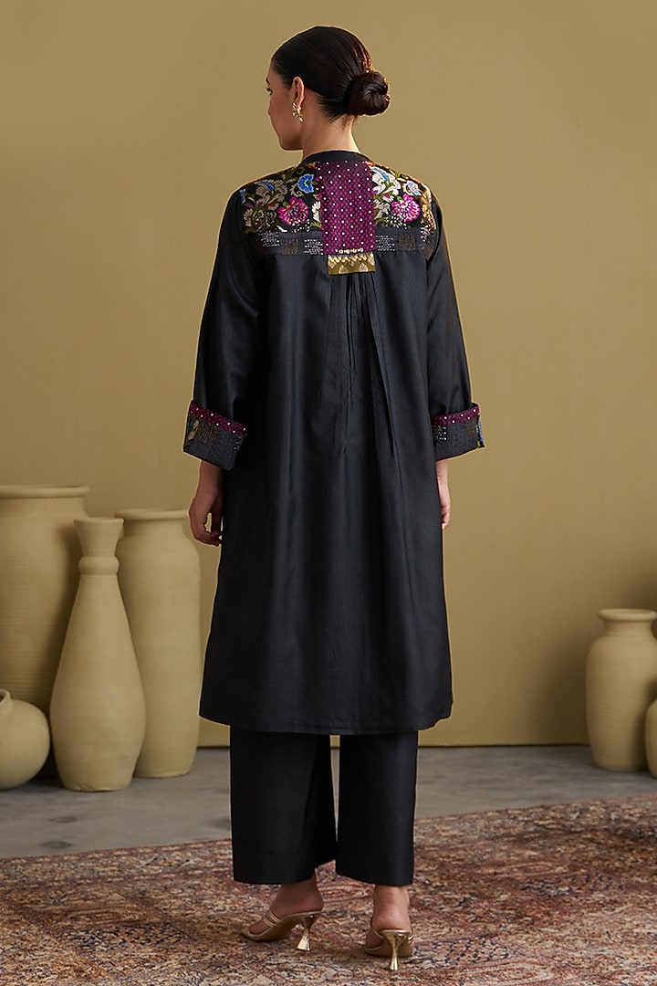 Black Handwoven Silk Cotton Hand Work Jacket by Vaaya at Pernia's Pop Up Shop