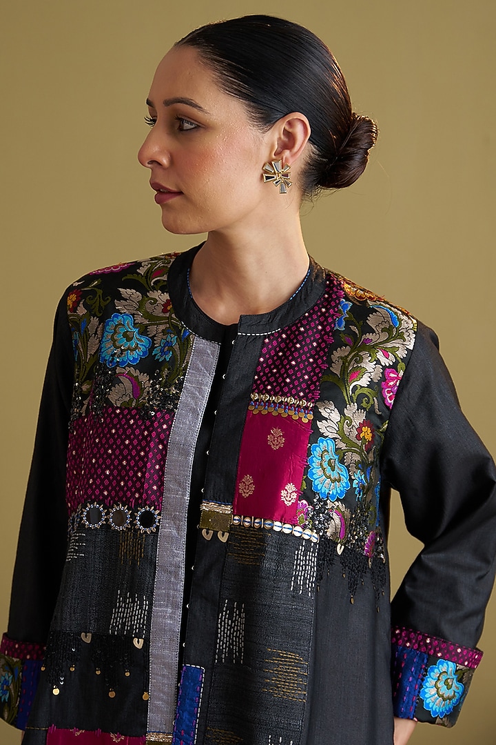 Black Handwoven Silk Cotton Hand Work Jacket by Vaaya at Pernia's Pop Up Shop