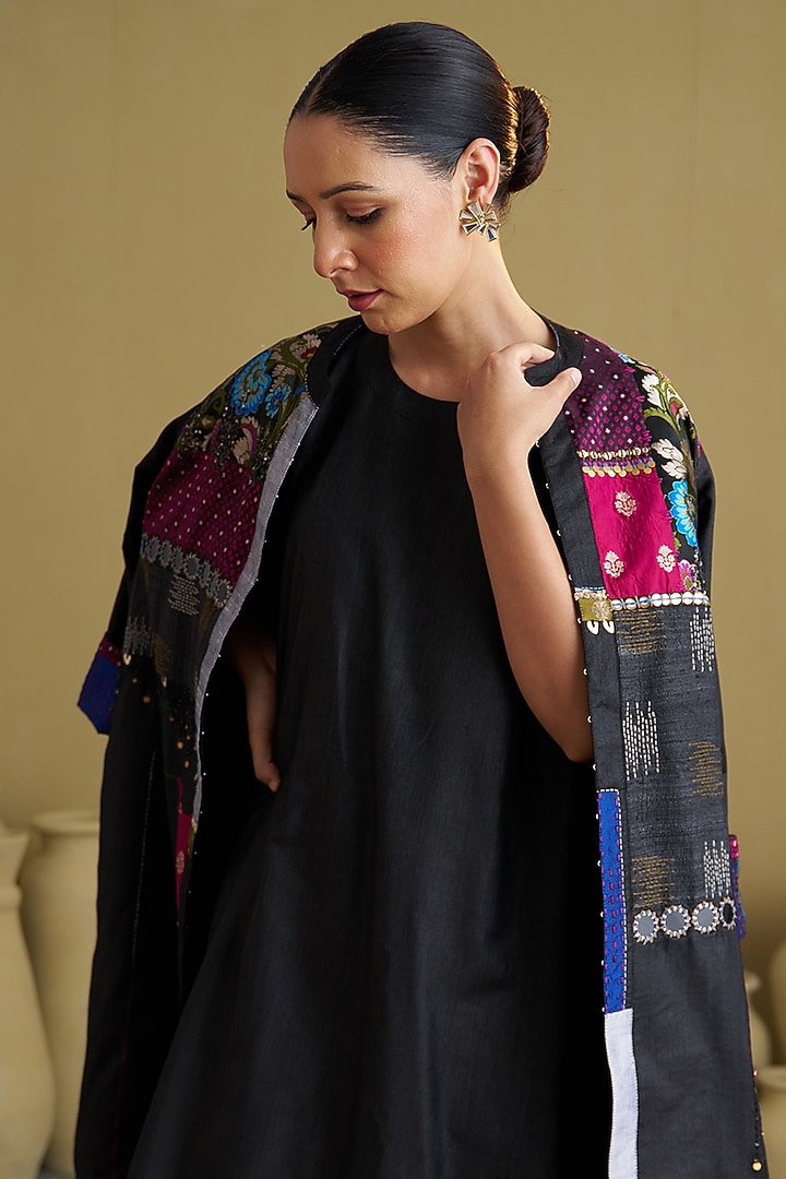 Black Handwoven Silk Cotton Hand Work Jacket by Vaaya at Pernia's Pop Up Shop