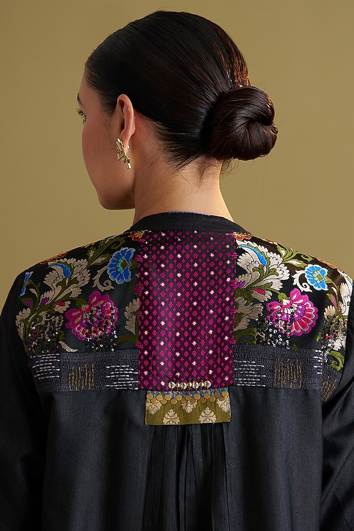 Black Handwoven Silk Cotton Hand Work Jacket by Vaaya at Pernia's Pop Up Shop