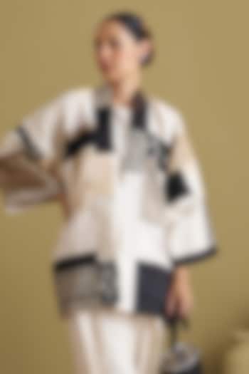 Ivory & Black Mulberry Handloom Silk Jacket by Vaaya at Pernia's Pop Up Shop