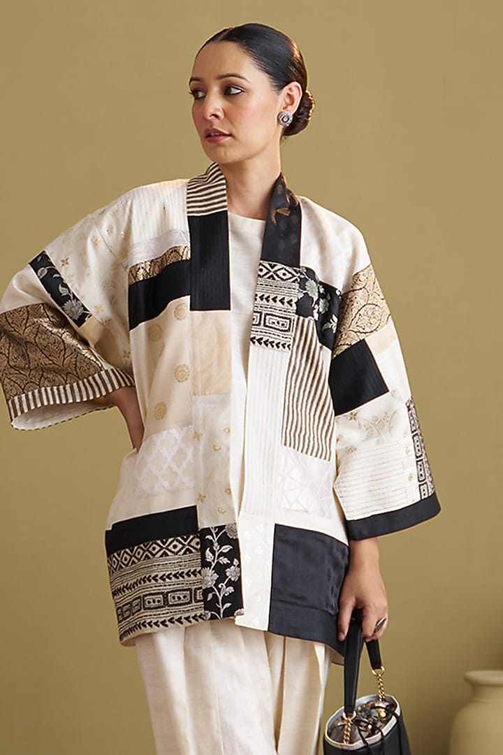 Ivory & Black Mulberry Handloom Silk Jacket by Vaaya at Pernia's Pop Up Shop