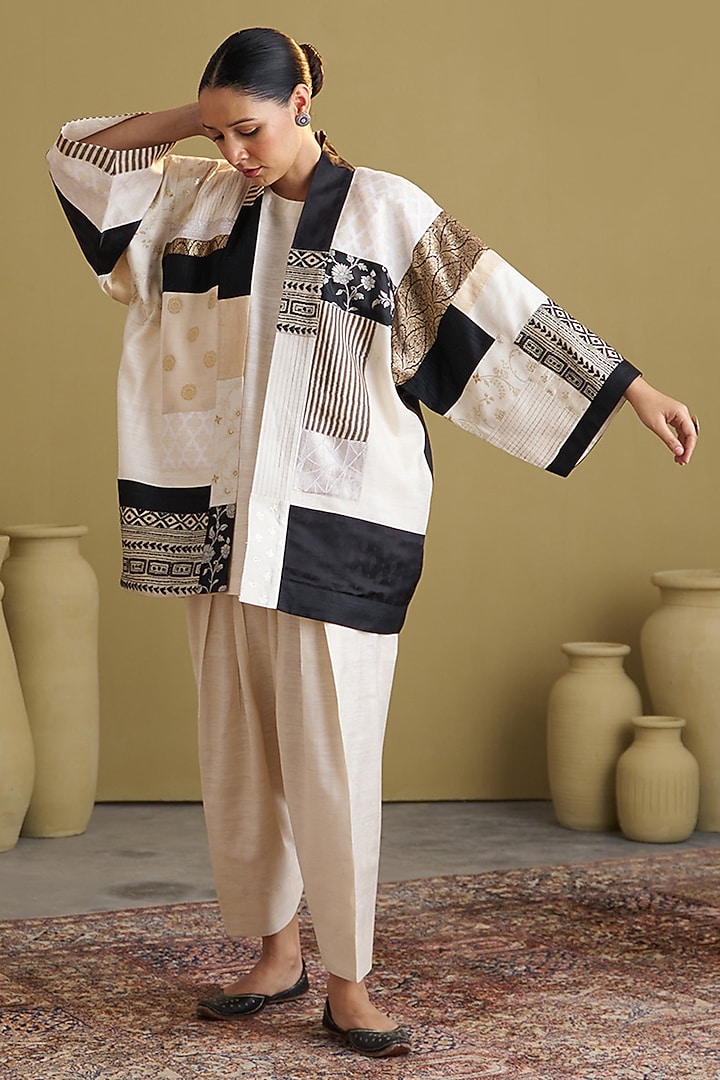 Ivory & Black Mulberry Handloom Silk Jacket by Vaaya at Pernia's Pop Up Shop