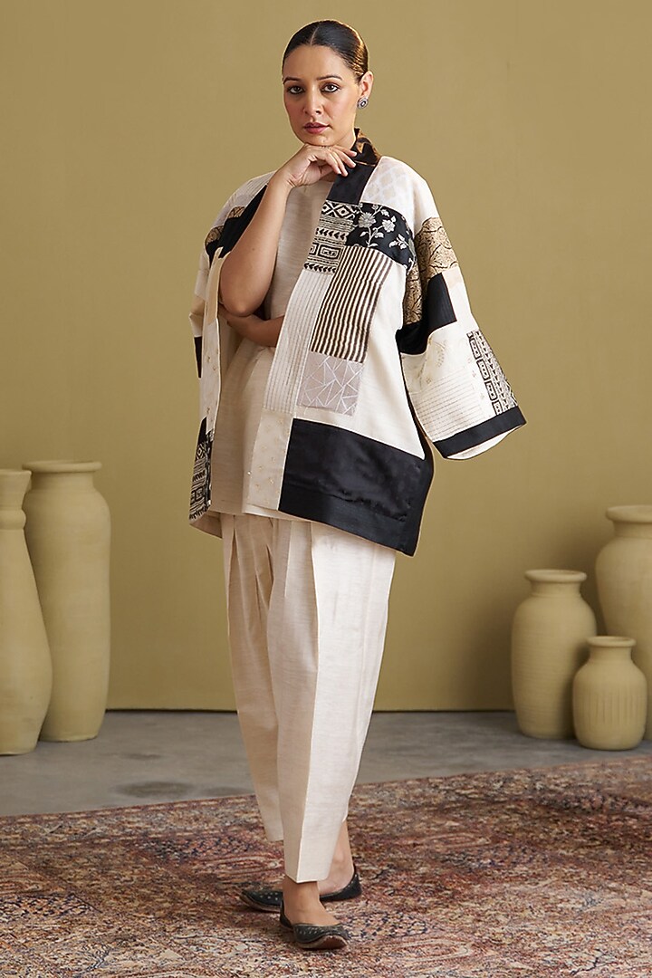 Ivory & Black Mulberry Handloom Silk Jacket by Vaaya at Pernia's Pop Up Shop
