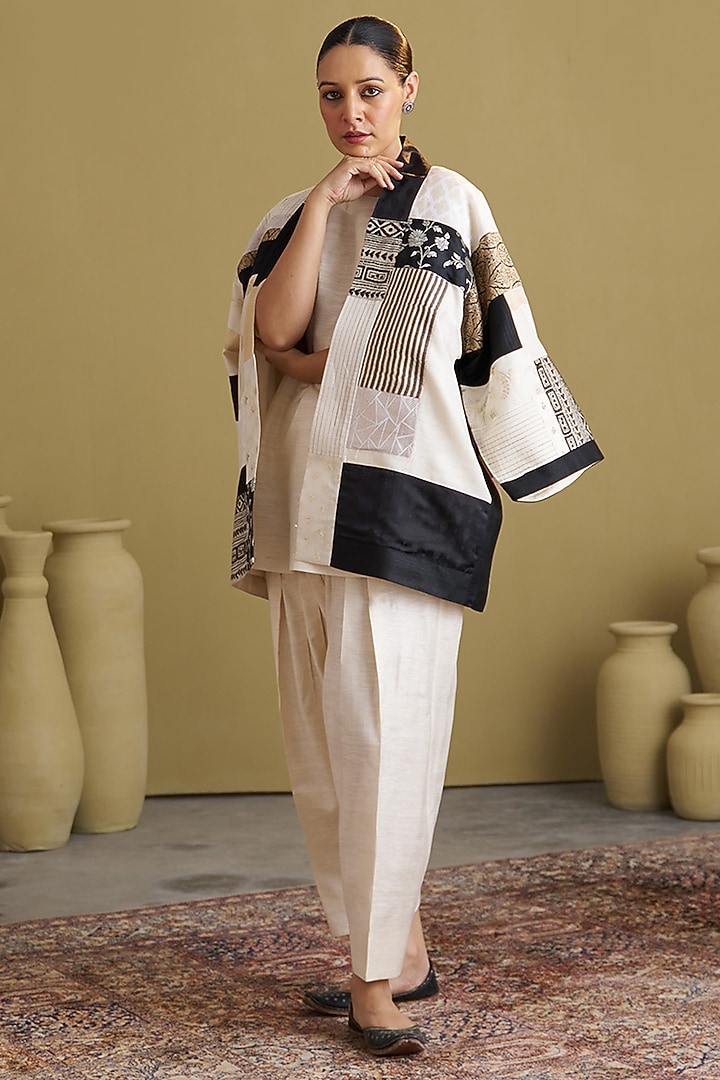 Ivory & Black Mulberry Handloom Silk Jacket by Vaaya at Pernia's Pop Up Shop