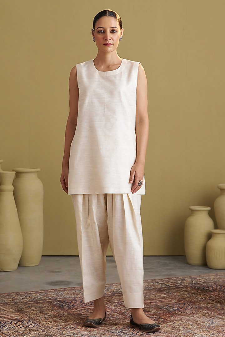 Ivory Mulberry Silk Co-Ord Set by Vaaya at Pernia's Pop Up Shop