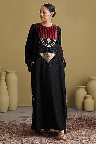 Black Handwoven Katan Viscose Zardosi Work Dress by Vaaya