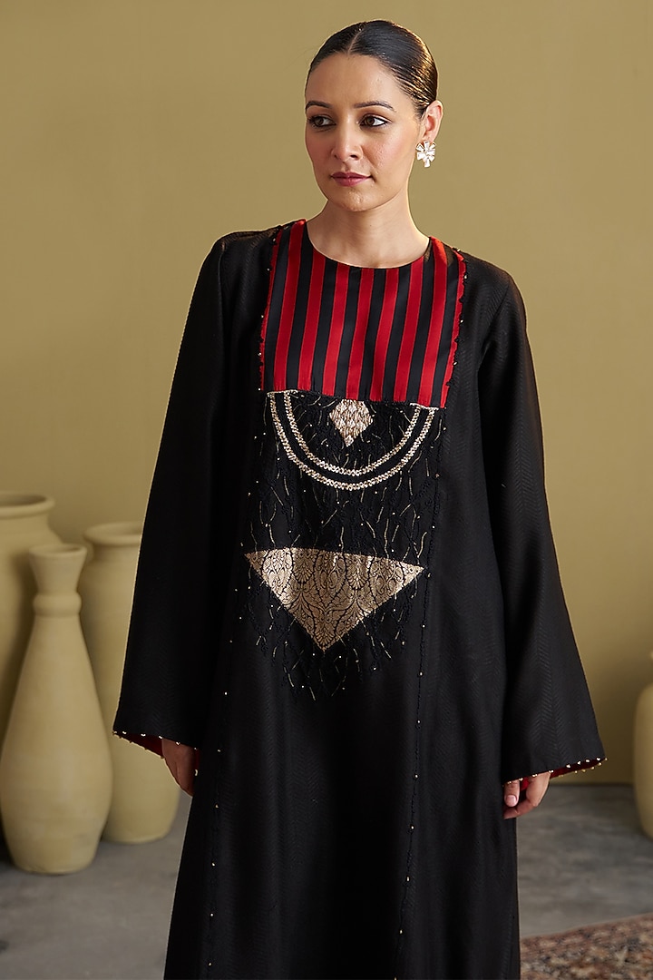 Black Handwoven Katan Viscose Zardosi Work Vacation Dress by Vaaya at Pernia's Pop Up Shop