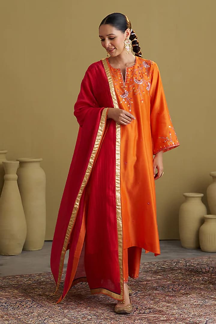 Orange Silk Chanderi Handwork Kurta Set by Vaaya at Pernia's Pop Up Shop