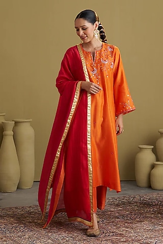 Orange Silk Chanderi Handwork Kurta Set by Vaaya