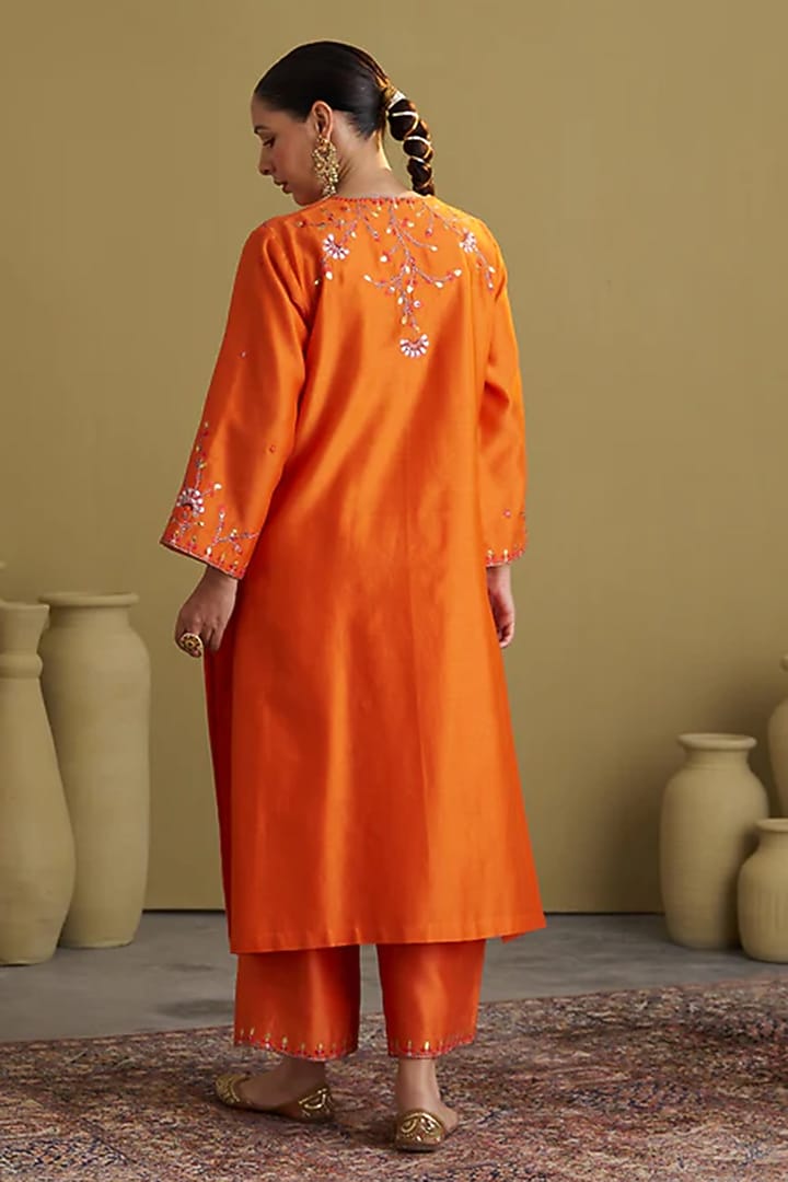 Orange Silk Chanderi Handwork Kurta Set by Vaaya at Pernia's Pop Up Shop