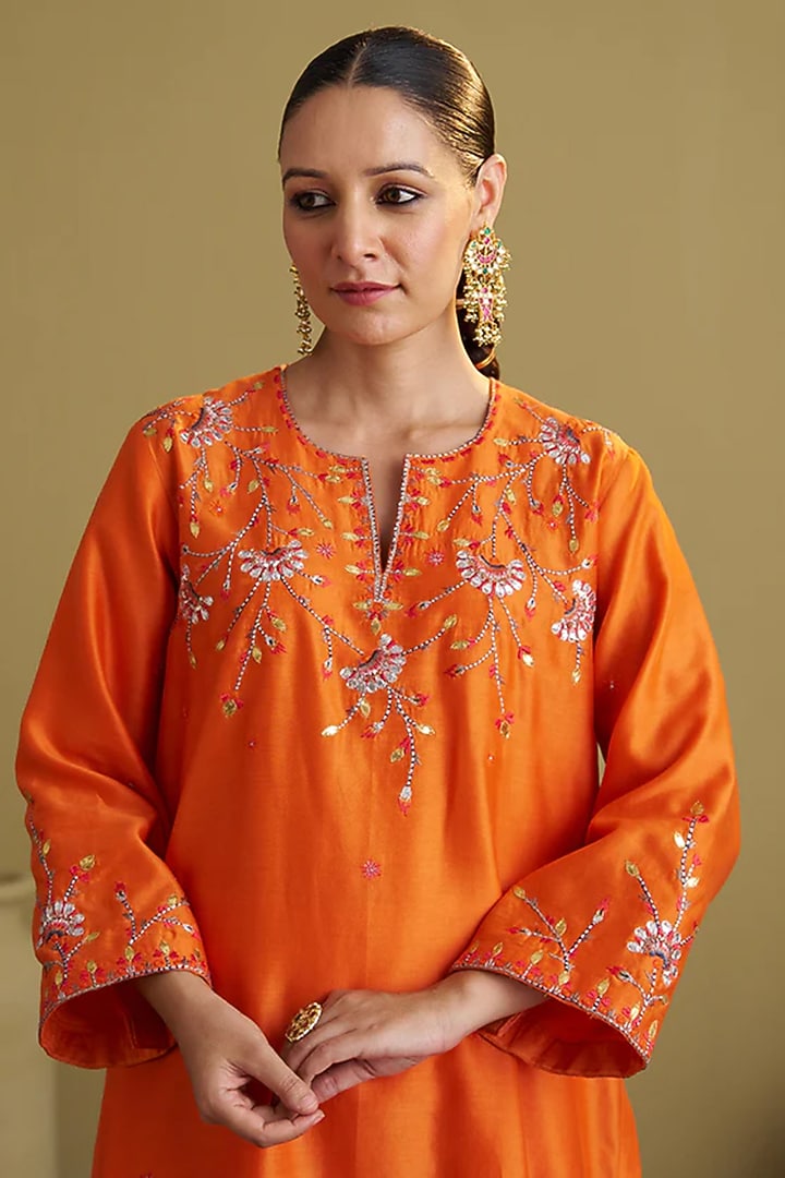 Orange Silk Chanderi Handwork Kurta Set by Vaaya at Pernia's Pop Up Shop
