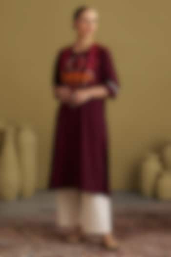 Burgundy Handwoven Cotton Handwork Kurta by Vaaya at Pernia's Pop Up Shop