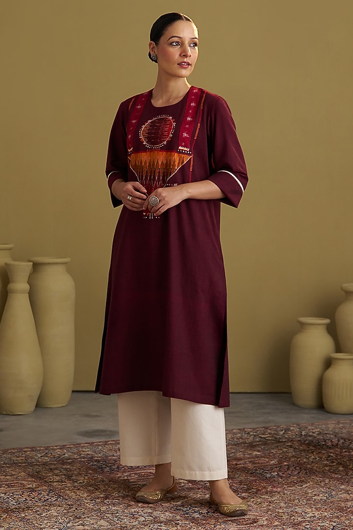 Burgundy Handwoven Cotton Handwork Kurta by Vaaya at Pernia's Pop Up Shop