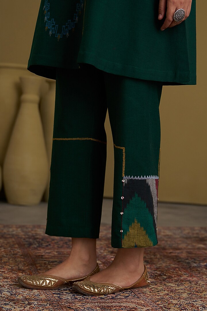 Green Handwoven Cotton Handwork Kurta Set by Vaaya at Pernia's Pop Up Shop