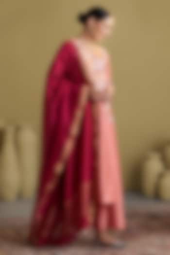 Peach Silk Chanderi Embroidered A-Line Kurta Set by Vaaya at Pernia's Pop Up Shop