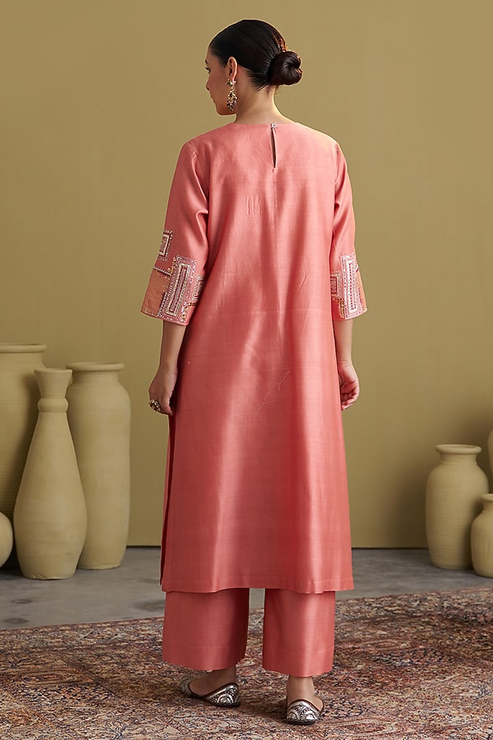 Peach Silk Chanderi Embroidered A-Line Kurta Set by Vaaya at Pernia's Pop Up Shop